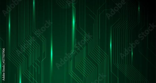 Glowing green neon circuit board lines tech background. Vector design