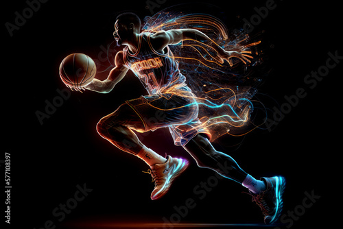 Basketball player with bright glowing abstract lines. Generative ai © ink drop