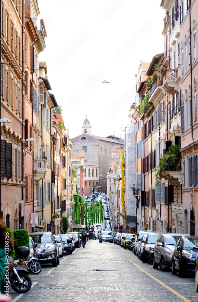 A street with beautiful, old buildings in central Rome, Italy.