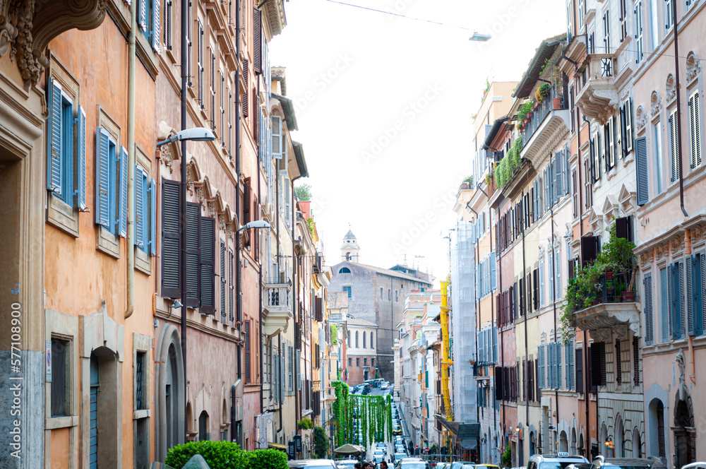 A street with beautiful, old buildings in central Rome, Italy.