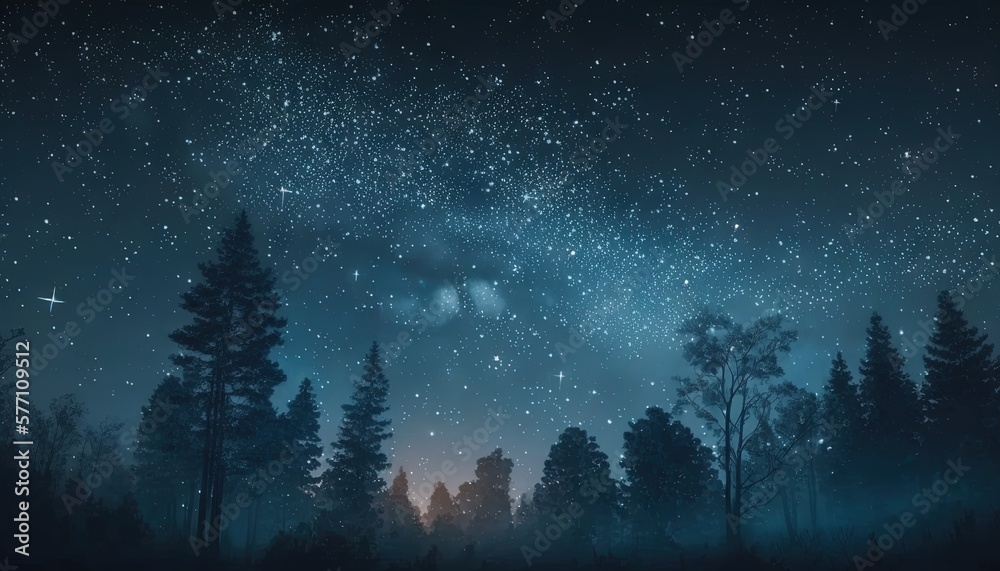  a night sky with stars and trees in the foreground and a dark sky with stars and trees in the foreground, and a few stars in the distance.  generative ai