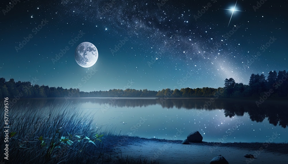 a night scene with the moon and stars above a lake with grass and trees in the foreground and a lake in the foreground. generative ai a night scene with the moon and stars above a lake with grass and trees in the foreground and a lake in the foreground. generative ai