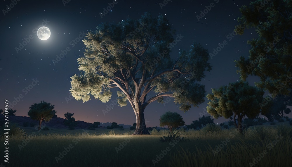  a night scene with a tree and a full moon in the sky with a field of grass and trees in the foreground and a field with grass and trees in the foreground.  generative ai