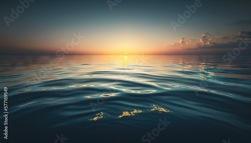  the sun is setting over the ocean with a wave in the foreground and clouds in the sky over the water and the water surface.  generative ai