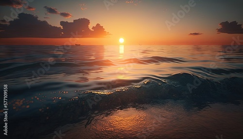  a painting of a sunset over a body of water with a boat in the distance on the horizon of the water and the sun rising over the horizon. generative ai