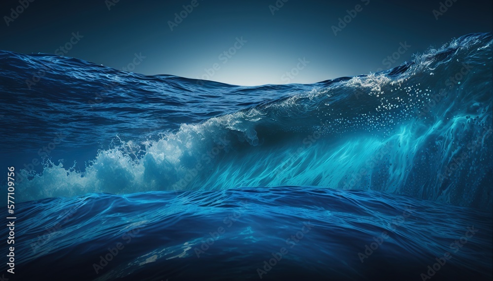  an ocean wave is shown with a bright blue sky in the background and a bright sun in the middle of the wave, with a dark blue sky in the middle of the ocean.  generative ai