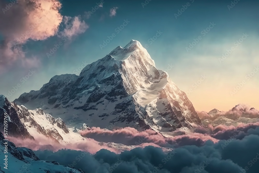 Beautiful mountains surrounded by clouds. Wildlife, Alps, snowy peak.