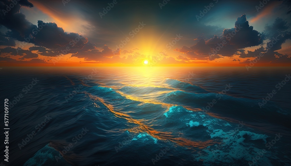 a painting of a sunset over a body of water with a wave in the foreground and clouds in the sky over the water, with a bright orange and blue hue.  generative ai