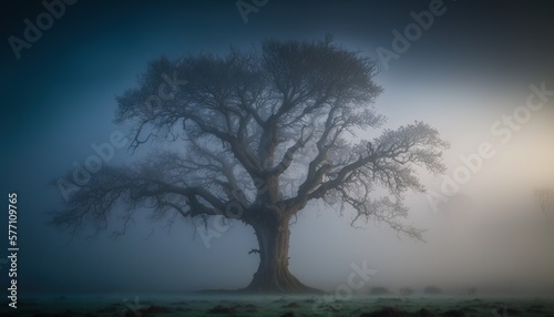  a large tree in a foggy field with a sun shining through the trees and the fog is almost obscured by the tree's branches. generative ai