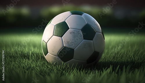  a soccer ball sitting on top of a lush green field of grass with a dark sky in the background and a field of green grass behind it. generative ai