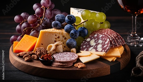  a cheese board with grapes, nuts, grapes, cheese, and a glass of wine on a wooden table with a rope of twine. generative ai