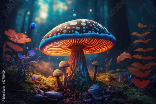 Magic mushroom in the forest colorful background. Generative AI