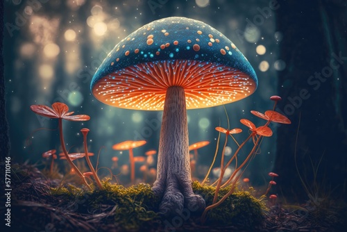 Magic mushroom in the forest colorful background. Generative AI