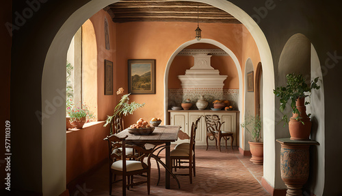 beautiful interior of a mediterranean tuscany house, wood furnitures, flowers and plants decoration, generative ai