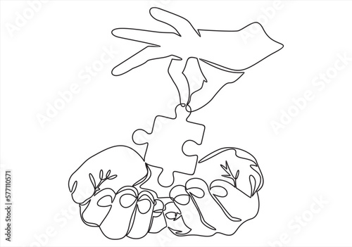 Hand holding a single blank empty jigsaw puzzle piece, laying, putting down from above gesture isolated on white, cut out. Fingers hold up last missing link puzzle piece, solution abstract concept