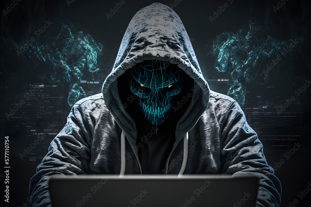 hacker with laptop skull masked -ai generative hacker with laptop skull masked -ai generative
