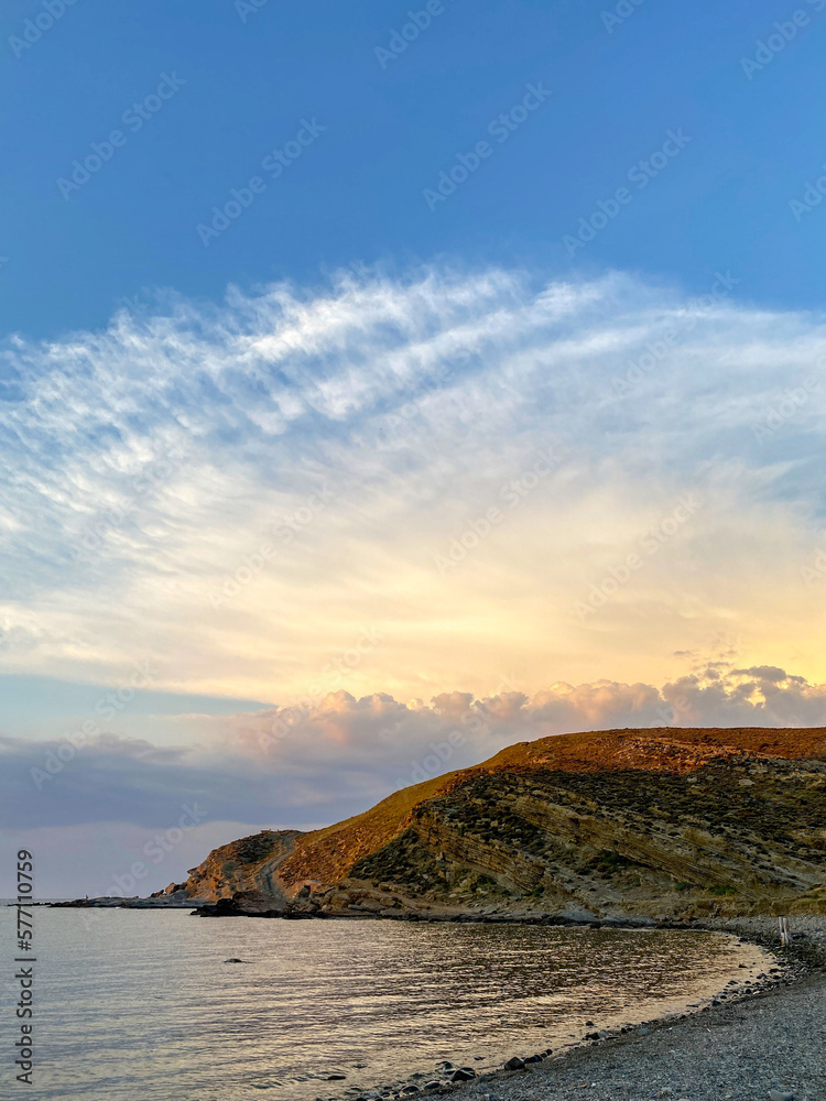 Gokceada Turkey in coastal scenery, clean sea and beautiful Yildizkoy beach at sunset. Imbros Island. Arcadia beach view located on the island of Imbros