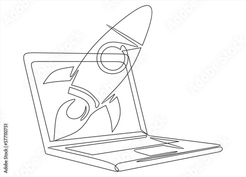 one line drawing of laptop computer with rocket launch as business concept of startup