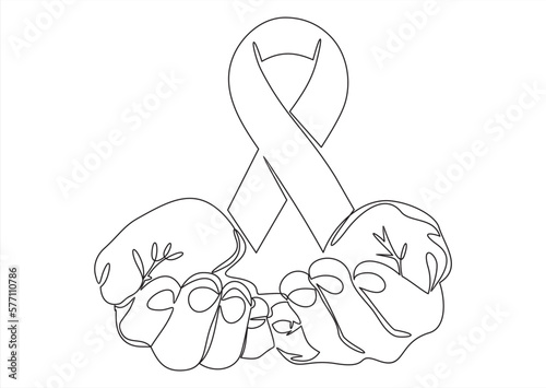 Continuous one line drawing hand holding ribbon and giving support to fight against cancer. World cancer day concept. Single line draw design vector graphic illustration.