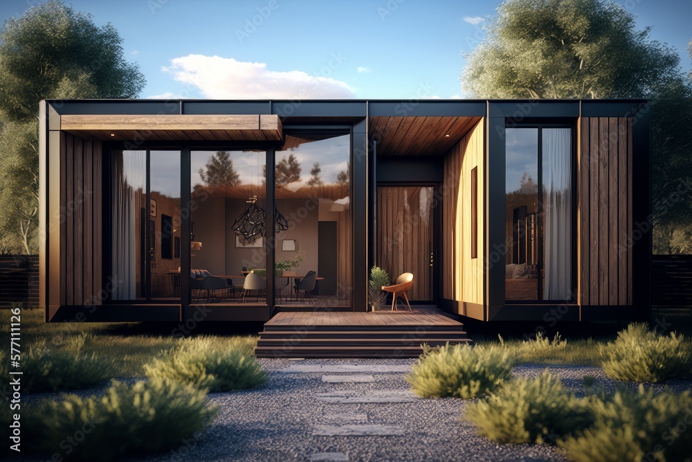 Small Modern Rectangular House In Forest. AI Generated. 3D Illustration. - obrazy, fototapety, plakaty 