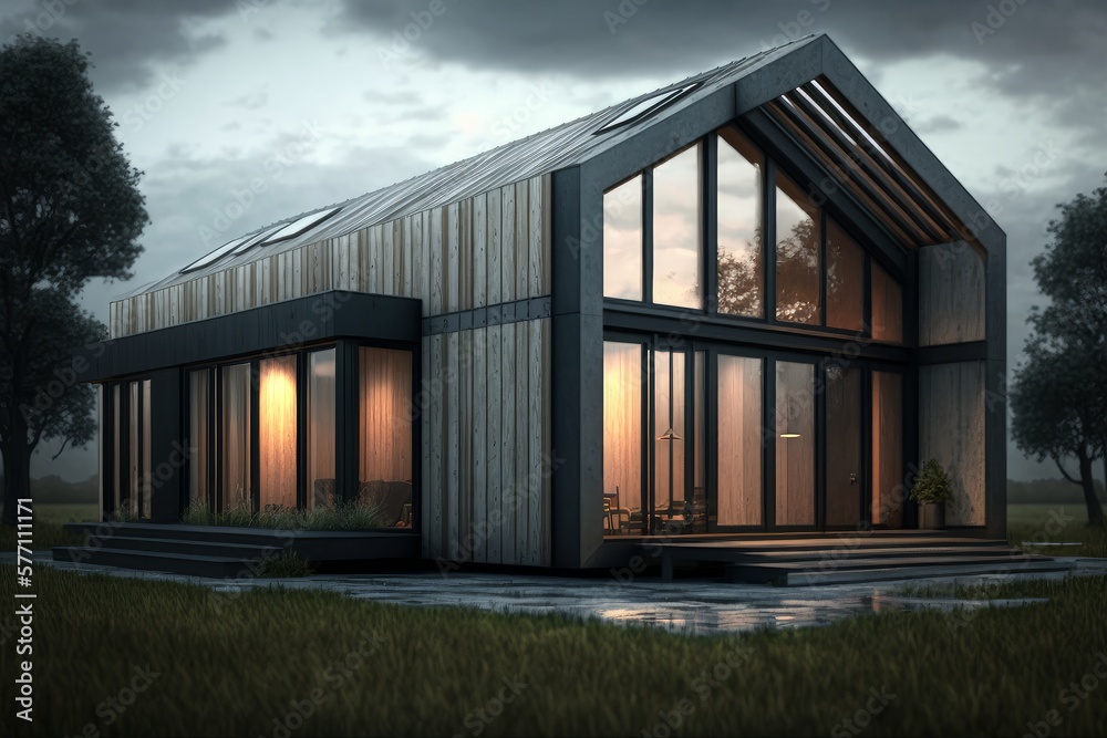 Small Modern House In Forest. AI Generated. 3D Illustration. Small Modern House In Forest. AI Generated. 3D Illustration.