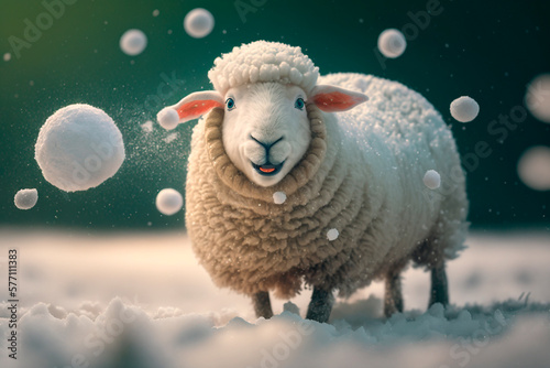 Joyful and Cute Sheep Having Fun in the Snow During a Frosty Winter