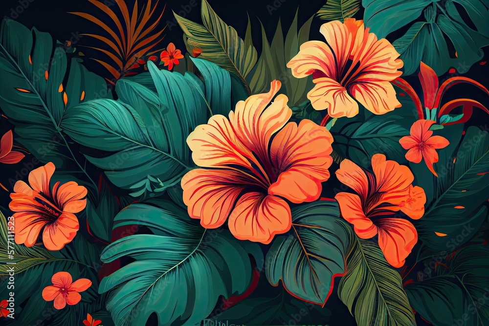 Tropical Hawaiian Hibiscus Flower Print: Exotic Lush Jungle of Orange Blooms and Green Plants: Generative AI