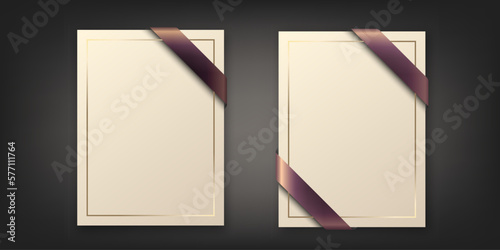 Vector Vertical A4 Blank Card. Booklet, Postcard, Greting Card Design Template for Branding, Congratulations, Invitation with Silk Ribbon, Golden Frame and Bow