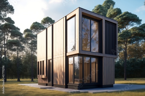 Small Modern Rectangular House In Forest. AI Generated. 3D Illustration.