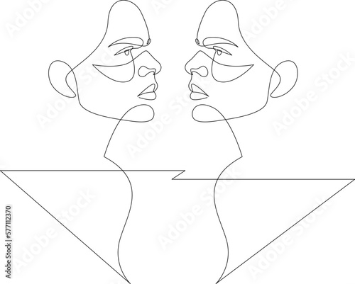 Continuous one line drawing angry woman against her own reflection. Inner conflict concept, mental health problems. Suffering from abuse, self-violence. Single line design vector illustration.