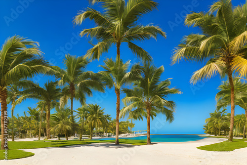 Healthy fresh palm trees coastal resort background created with generative ai