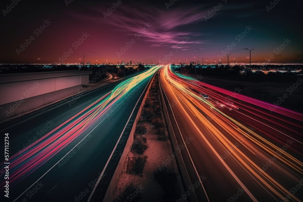 Traffic neon colorful light lamp long exposure city photography fast Made with Generative AI