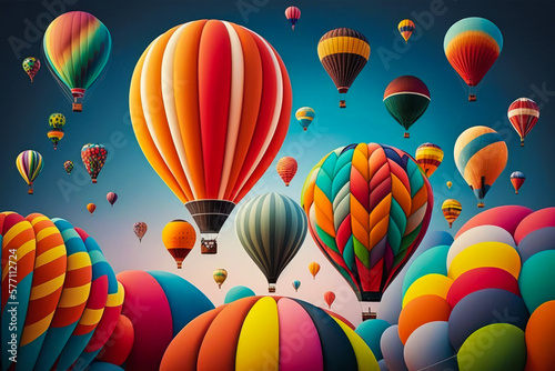 Many colorful hot air balloons flying in the sky. Generative AI.
