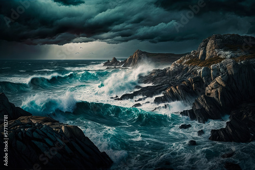 Photo Dark stormy scene with waves crashing on the rocks