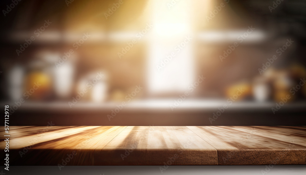 Empty wooden table product showcase blurry kitchen background Made with Generative AI