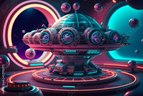 An alien spaceship in futuristic room with neon lights. Generative AI.