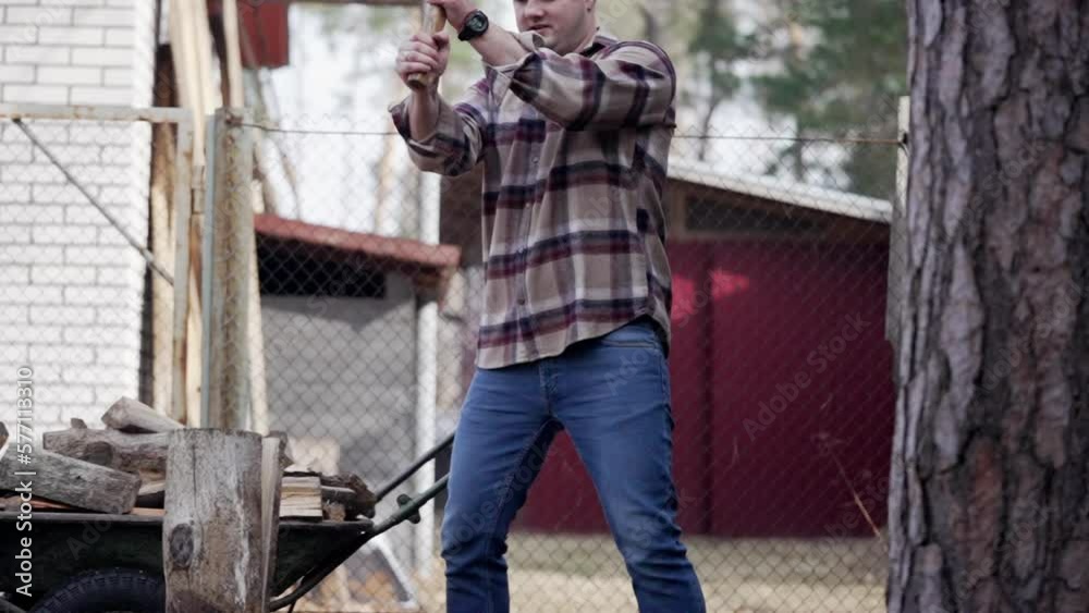 Young man chopping wood in his plot Young man chopping wood in his plot