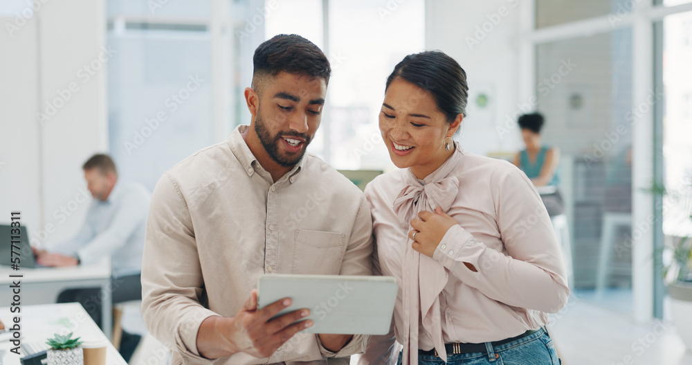 © Kay A/peopleimages.com - Talking business people, tablet and web design planning in coworking office with seo innovation, website ideas or logo branding vision. Smile, happy and creative designers on technology collaboration
