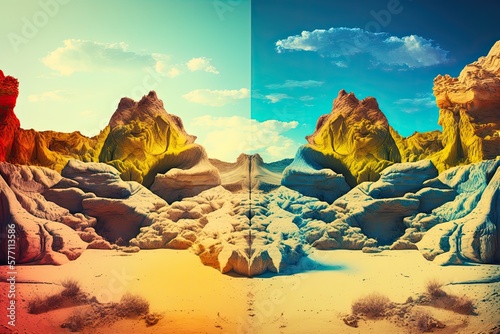 vibrant artistic panorama. Desert badlands in yellow. Imaginary, non material place where fiction takes place. Wow, that's a breathtaking vista. Two dimensional image. Generative AI