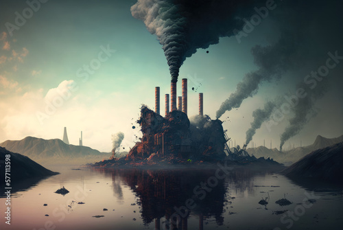 A factory with smokestacks which have pollution coming out of them surrounded by water. Created with Generative AI.