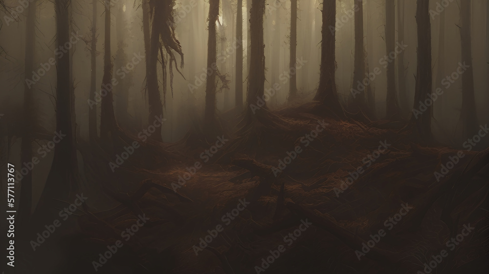 ภาพประกอบสต็อก Pile of Dry Leaves and Pine Tree Roots in the Misty ...