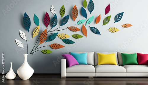 modern living room interior with beauticul colorful wall-art leaves design, generative ai photo