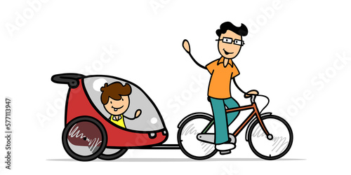 Fototapeta Naklejka Na Ścianę i Meble -  Father drives son to daycare in a bicycle trailer