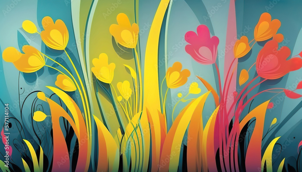abstract wallpaper design, floral leaf background with flowers, fresh vivid spring colorful colors, generative ai