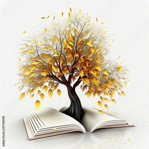 albero stilizzato fatto di foglie di libri, concetto di cultura e natura, letteratura, crescita formativa, illustrazione creata con intelligenza artificiale photo