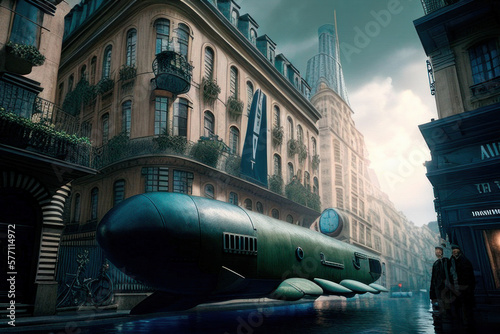 Old submarine in the street created with Generative AI technology