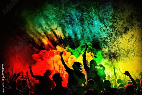 Group of People at a Reggae Concert, Color Pigments in Air, Neon Colors and More - 
Experience the High Energy and Colorful Atmosphere of Concerts with Striking Stock Photos photo