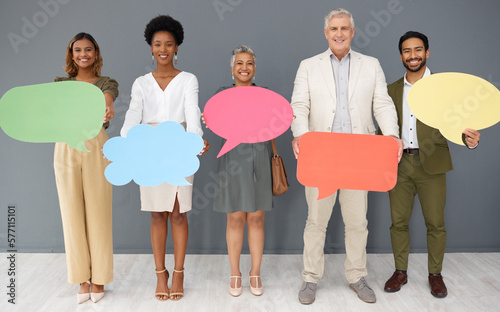 Feedback, portrait and mockup with business people and speech bubble for voice, social media and forum. Opinion, vote and branding with group and chat sign for idea, communication and message icon