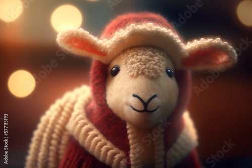 Festively Decorated, Adorable Little Sheep with Santa Hat in a Christmas Scene © artefacti