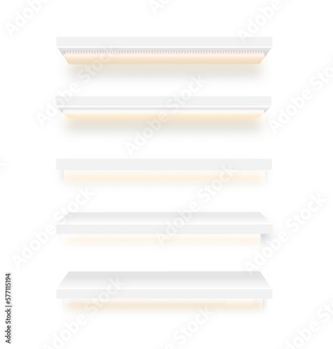 Fototapeta Naklejka Na Ścianę i Meble -  Set of empty wooden store shelves with LED lighting. Product shelf with wood texture and black wall mount. Grocery rack. Vector